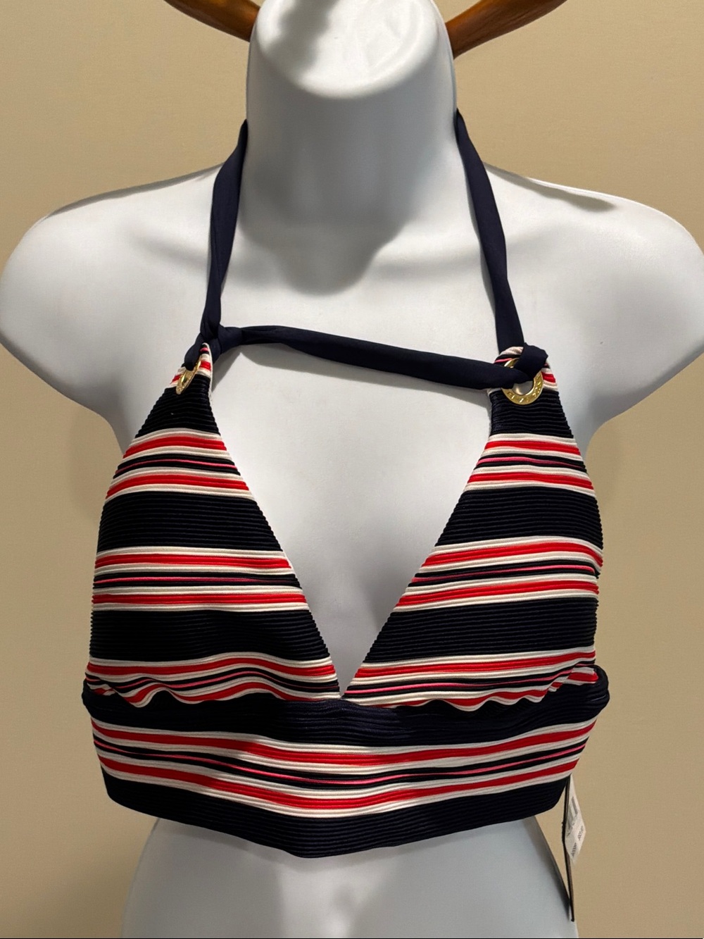La Blanca Navy, Red and White Striped Halter Bikini Top size 14